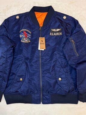 Polo Ralph Lauren Mens Bomber Jacket Medium Navy Orange Military Patches NWT